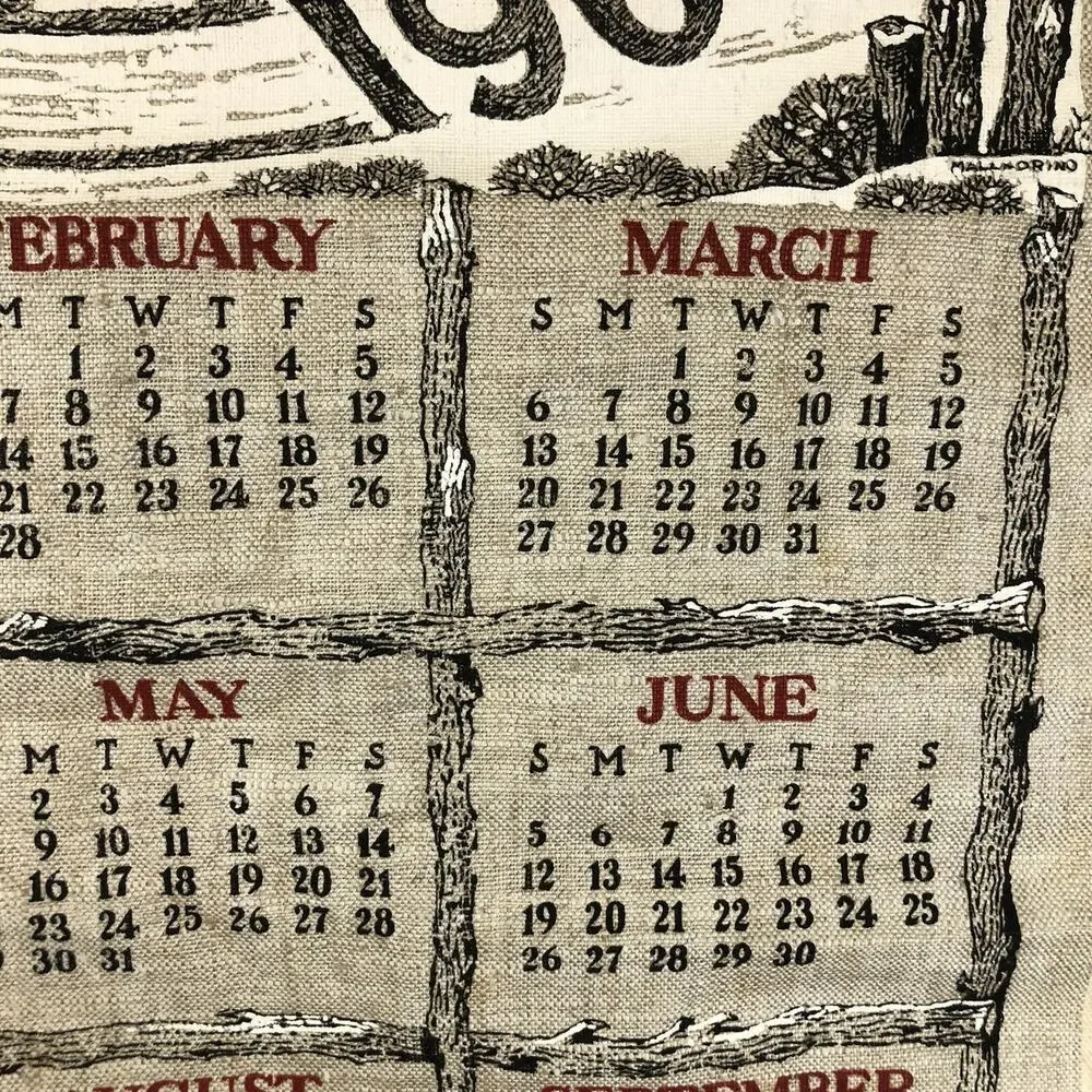 Linen Wall Calendar 1966 Red Barn and Silo in Winter Textile Woven Mallandrino